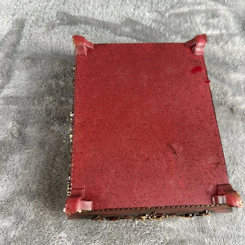 Vintage Style Red Gold Floral Jewelry Box Picture Frame Lid Keepsake Trinket Box